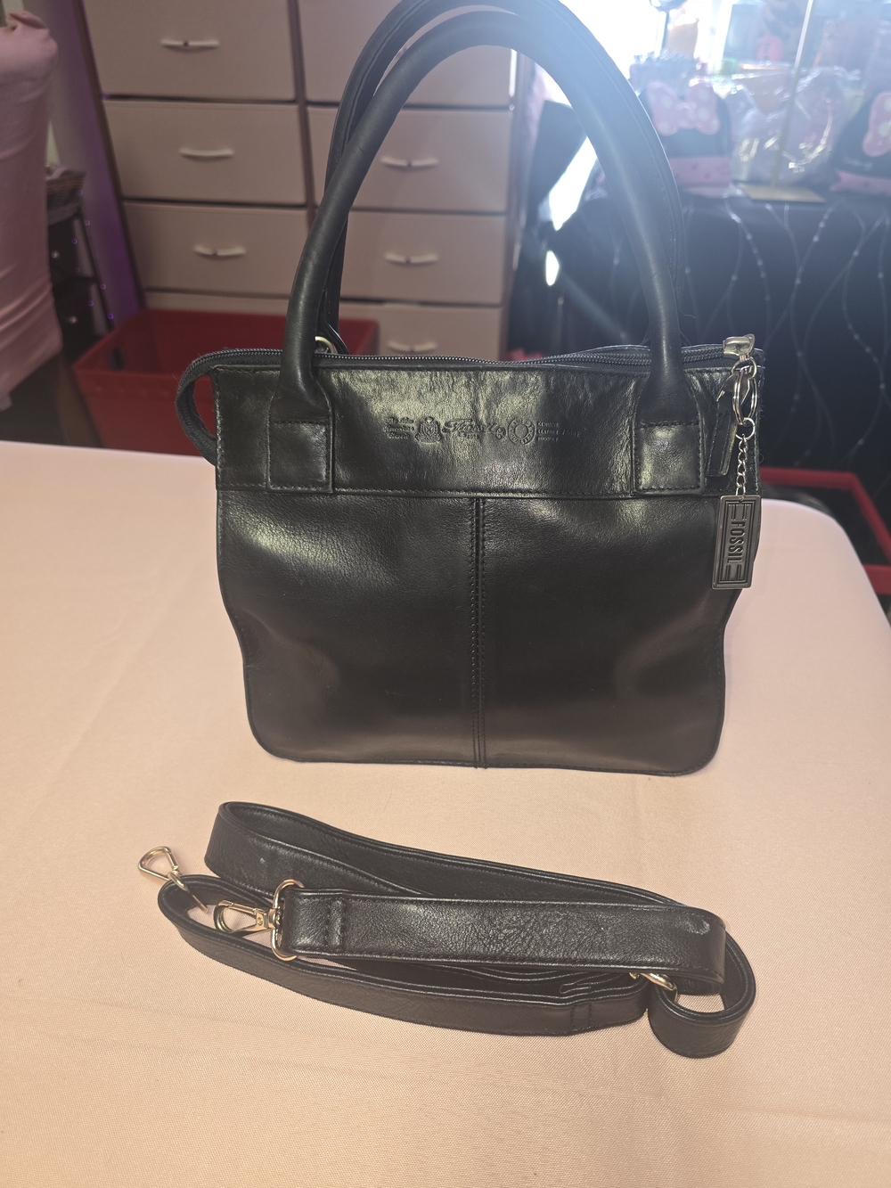 Vintage Fossil Black Genuine Leather Satchel Bag with Detachable Crossbody Strap